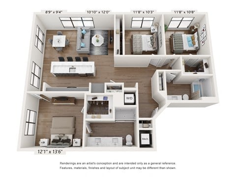 Floor plan for 3 beds, 2 baths, 1374 sqft